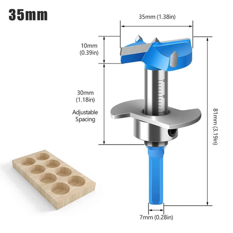 Hinge hole opener drill bit, 35mm, blue handle, adjustable spacing for woodworking