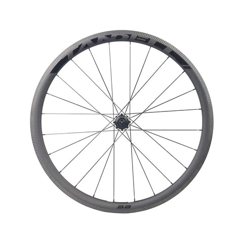 Thirty Eight Millimeter Carbon Clincher Road Bike Wheelset Tubeless Ready Rim Brake With Sapim CX Ray Spokes Beefy Aero Profile Built On RT030 Hub For Light Stiff And Smooth Ride, showing full side view of carbon wheel rim and spoke setup.