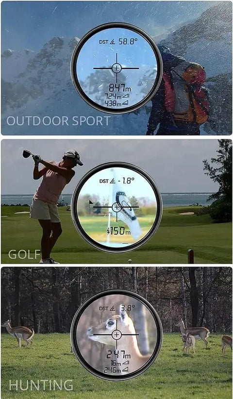 1500M Golf Rangefinder With Color Touch Screen And Slope Compensation Laser Distance Meter Featuring Angle Mode showing outdoor sports, golf, and hunting views.