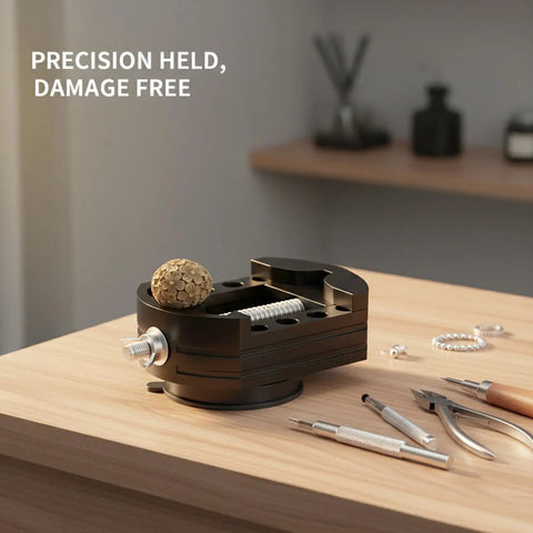 Super Handy Mini Bench Vise With Massive Suction Power Base For Jewelry, small crafts and precision clamping tasks on any smooth surface without drilling on a wooden table.