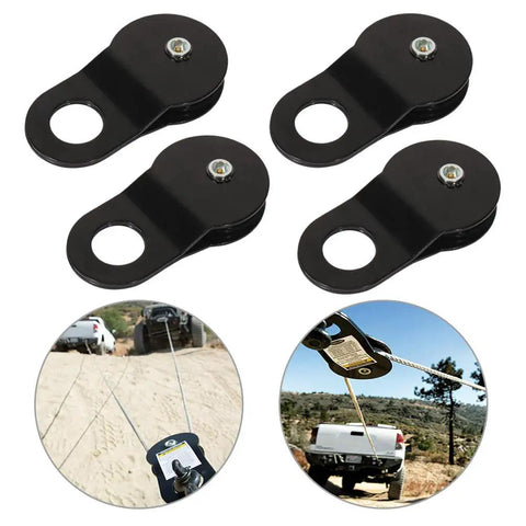 Beefy Heavy Duty Recovery Winch Snatch Block Pulley Kit For One Half To Three Quarter Inch Cable Twenty Thousand Pound Capacity Forged Steel With Black Powder Coat Four Block Set For Off Road Towing And Vehicle Recovery, black steel blocks