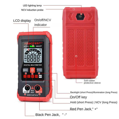 Front and back view of the Your Go To Digital Multimeter With LED Backlight Non Contact Voltage Detection Auto Range Shifting device