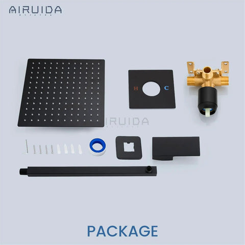 Rain Shower System With 10 Inch Dope Matte Black Finish Wall Mount Head SUS304 Stainless Steel Shower Faucet Set components displayed