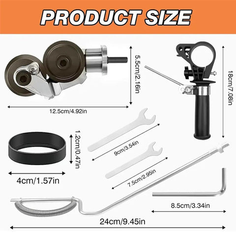 Beast-Mode Metal Nibbler Drill Attachment With Double-Cut Precision for Electric Drills size chart and components