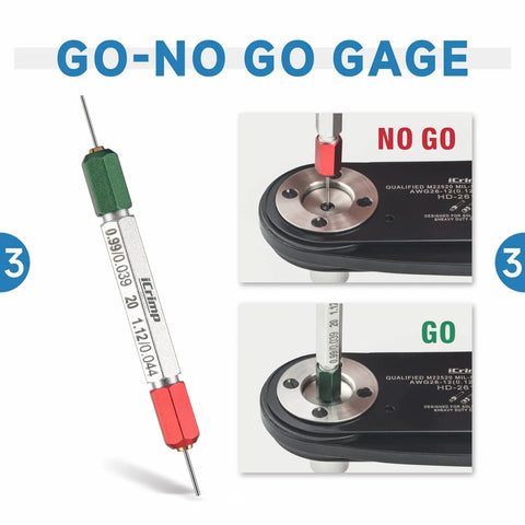 Go-No Go gage for HD-2612D Deutsch Crimping Tool For DT DTM DTP Connectors with visual NO GO and GO indicators, close-up views.