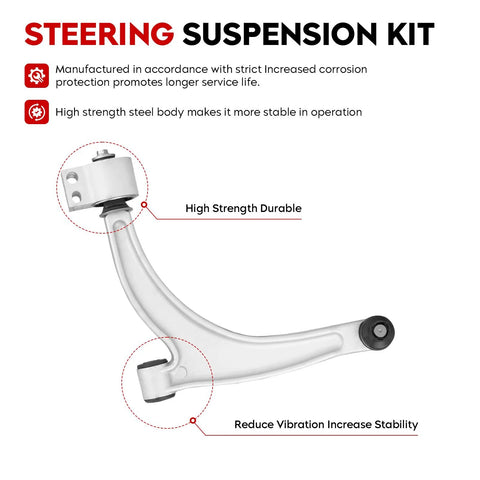 Front lower control arm side view; silver metal with ball joint for GM Malibu, G6 and Saturn Aura suspension kit