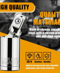 Three Piece Universal Joint Socket Set One Quarter Inch Drive Three Eighths Inch Drive And One Half Inch Drive Swivel Sockets In Premium Chrome Vanadium Steel For Tight Spots And Hard To Reach Corners, featuring a chrome vanadium socket.