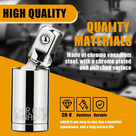 Three Piece Universal Joint Socket Set One Quarter Inch Drive Three Eighths Inch Drive And One Half Inch Drive Swivel Sockets In Premium Chrome Vanadium Steel For Tight Spots And Hard To Reach Corners, featuring a chrome vanadium socket.