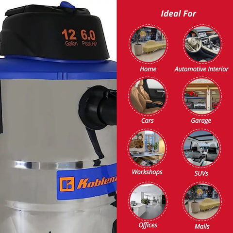 Beast Mode Wet And Dry Vacuum Cleaner With 12 Gallon Stainless Steel Tank 6 Peak HP Motor Lightweight And Ultra Portable Built In Blower Tackles Dry And Wet Messes Includes Accessories Blue visible in home and automotive settings.