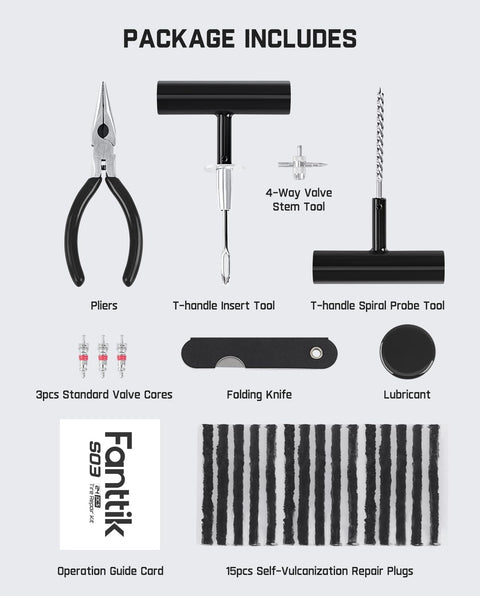 Heavy Duty Tire Repair Kit 24 Piece Universal Plug And Patch Set with stainless steel tools and natural rubber plugs.