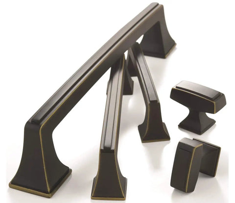 Collection of various appliance pulls and knobs in satin nickel, showcasing beefy satin nickel 12 inch center to center appliance pull for paneled appliances and large cabinets Mulholland style drawer pull traditional cabinet hardware with a long thirteen and three sixteenths inch overall length.