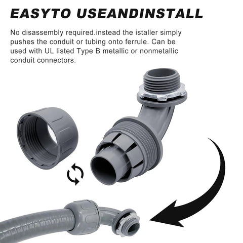 3/4 Inch Liquid Tight PVC Conduit Connectors Kit UL Listed Non Metallic Electrical Fittings with 90 Degree Connector