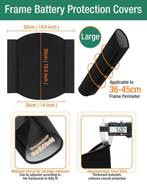 Large Ebike Battery Cover Waterproof For Bicycle Frame Protector, 50x50 Cm Thick 5mm Shield, shown with dimensions and features.
