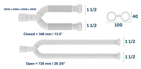 Expandable Flexible P Trap For Kitchen Sink One And A Half Inch With Two Female Threaded Nuts Easy Install Diy Friendly Includes Gaskets And Mounting Brackets Fits Standard Drains And Quick No Fuss Plumbing 1-1/2 inch p-trap showing closed and open lengths with threaded nuts.