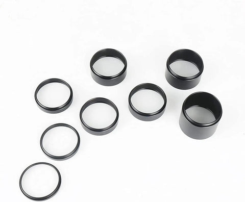 Rugged Metal Telescope Extension Tube Kit with T2 Threads M42x0.75 Eight Piece Spacers showing different sizes on a white background.