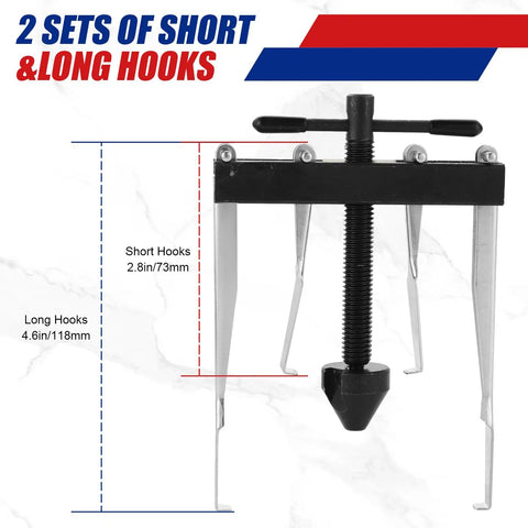 Two sets of short and long hooks measuring 2.8in and 4.6in from the Crankshaft And Cam Seal Installer And Removal Tool Kit.