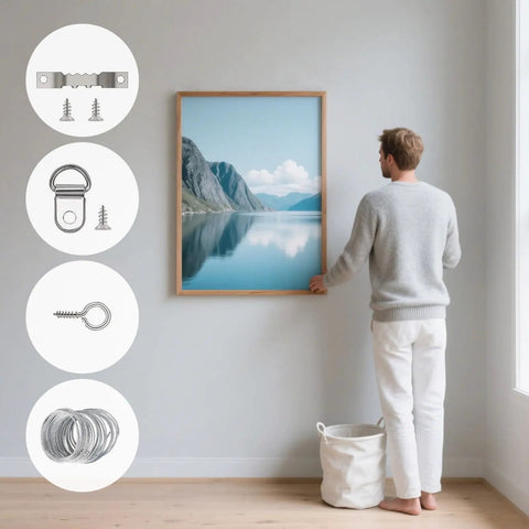 Person using Pro Level Picture Hanging Wire Kit With D Rings And Wall Mount Screws For Frames And Canvases to hang wall art.