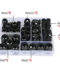 All Weather Waterproof Nylon Cable Gland Kit 50Pcs With Lock Nuts And Joints in box, fits 3 to 16mm cables, various sizes visible