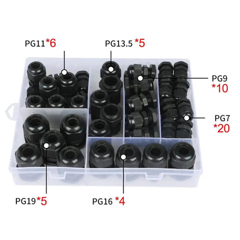 All Weather Waterproof Nylon Cable Gland Kit 50Pcs With Lock Nuts And Joints in box, fits 3 to 16mm cables, various sizes visible