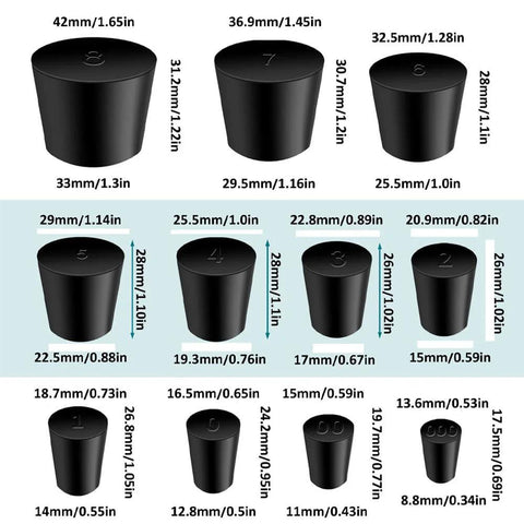 30 Pcs Solid Rubber Stoppers Assorted Sizes 000 To 8 Tapered Lab Bung Stoppers For Chemistry Lab Equipment, size chart view.