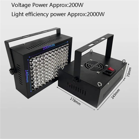 Built Tough 2000W Led Uv Curing Lamp That Hits Hard For Fast Resin Curing And Gel Polish Drying With 365Nm To 405Nm Range For Quick Print Shop Setup, showing front and side view with dimensions.