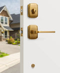 Antique Brass Front Door Handleset With Reversible Lever And Deadbolt Entry Door Hardware with lock installed on open door