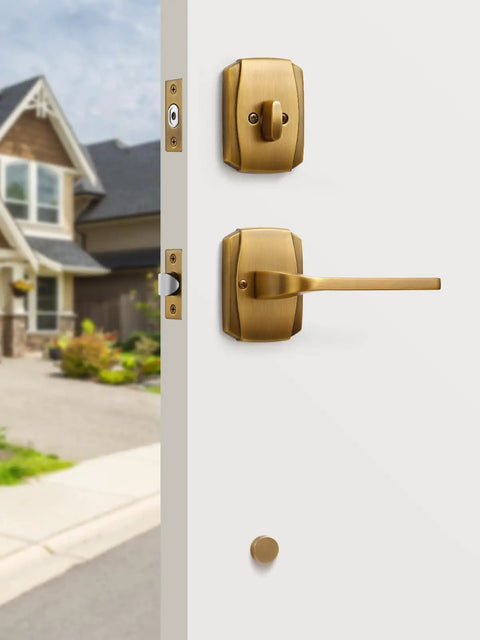 Antique Brass Front Door Handleset With Reversible Lever And Deadbolt Entry Door Hardware with lock installed on open door