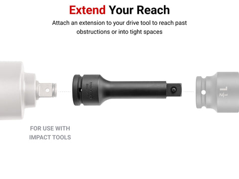 3/4 Inch Drive 6 Inch Impact Extension With Pin Detent For Getting Past Obstructions And Tight Spaces, tool with sockets