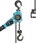 Manual Lever Chain Hoist 3/4 Ton Capacity, 1650 Lb Load, blue, with 5 Ft ratchet chain and heavy-duty hooks, side view