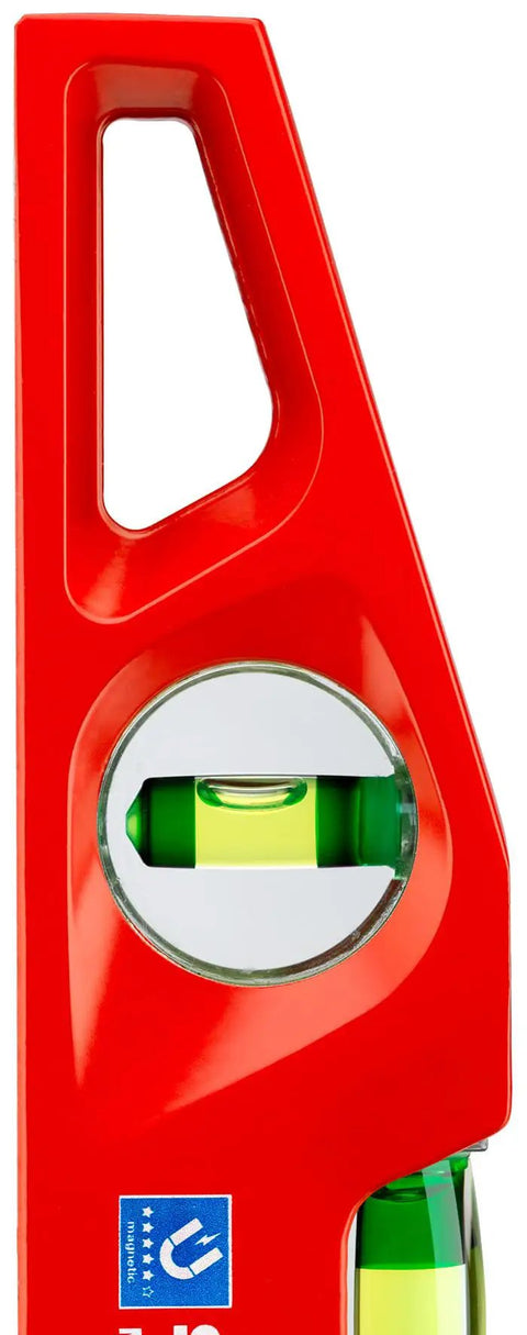 Close-up of Aluminum Die Cast Magnetic Torpedo Level 10 Inch Red With Break Resistant Acrylic Block 60 Percent Magnified Focus Vials