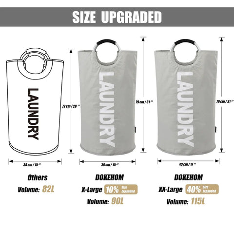 Three laundry hampers compared by size: 82L, 90L, and 115L XXL Collapsible Laundry Hamper With Aluminum Soft Grip Handle.