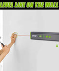 Person using Multipurpose Laser Level With 15 Feet Cross Line And Magnetic Ninety And One Hundred Eighty Degree Bubbles Torpedo Level on wall