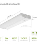 Under Cabinet Lighting 12 Inch 5W 325 Lumens Dimmable Hardwired Kitchen Light Fixture With Bullnose Edge and Tri Color Temps 3000K Soft White 4000K Cool White 5000K Daylight ETL Listed White product specifications image showing dimensions and features