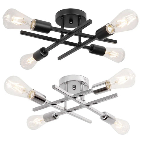 Semi Flush Mount 4 Light Sputnik Chandelier For Kitchen Island Living Room Dining Room Bedroom Hallway Dope With E26 Base Matte Black Finish Modern Rustic Farmhouse Ceiling Light in matte black and chrome finishes.