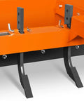 Close-up of 96 Inch Box Blade Scraper For Tractors With 8 Shanks, 3 Point Hitch Attachment, heavy steel frame, focus on shanks