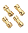 Angled view of four brass motor shaft couplings (3.17mm to 3.17mm) for RC DIY projects
