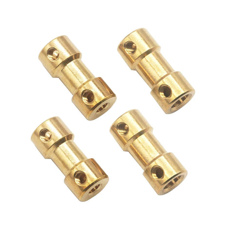 Angled view of four brass motor shaft couplings (3.17mm to 3.17mm) for RC DIY projects