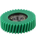 Close-up of a green 36T helical planetary gear with 608 bearing, part of a three pack for electric bike motors, nylon material.