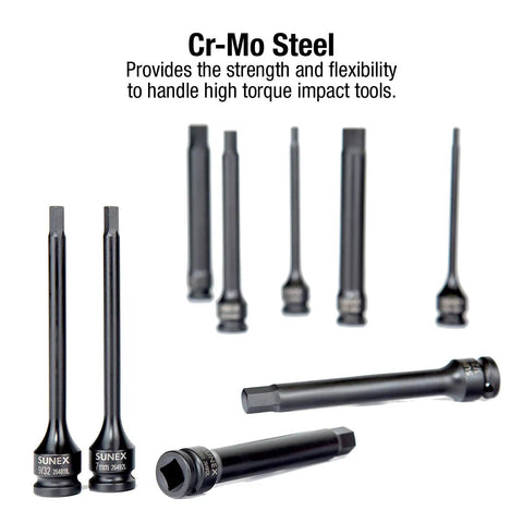 10 Piece Half Inch Drive SAE Impact Hex Driver Set With 6 Inch Reach, Cr Mo alloy steel, radiused corners to cut socket wear