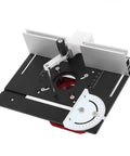 Universal Router Table Insert Plate With 51 Mm Stroke Lift Kit And Crank Handle Fits 64 To 66 Mm Motors top view showing aluminum build and adjustment features.