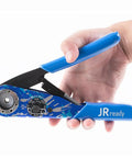 Top Tier 8 Indent Crimping Tool For Heavy Duty Circular And Rectangular Electrical Connectors Like 38999 Plus 26482 With Solid Barrel Contacts Designed To Handle Wire Sizes From 12 Down To 26 Awg Perfect For Pros Who Need Reliable Performance On Every Job in blue color with a hand gripping the handle.