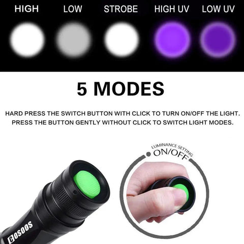 Close-up of Two Pack UV Flashlight Blacklight 395nm 2 In 1 LED Tactical Flashlight showing button and light modes.