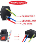 Heavy Duty 3 Pin IEC320 C14 Power Inlet Module With Rocker Switch 10A 250V Rating showing earth, neutral, and live wires