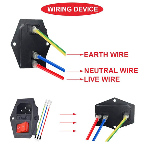 Heavy Duty 3 Pin IEC320 C14 Power Inlet Module With Rocker Switch 10A 250V Rating showing earth, neutral, and live wires