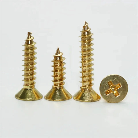 Beefy Brass Countersunk Wood Screws Self-Tapping M3x30 20Pcs Set Dual End Locking shown in close-up with head detail