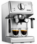 Silver 15 Bar Espresso Coffee Machine With Adjustable Brewing Controls For Homemade Cappuccinos And Lattes with two espresso shots.