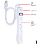 Close-up of six outlet power strip with 2ft cord, integrated circuit breaker, reset switch, UL certified, white.