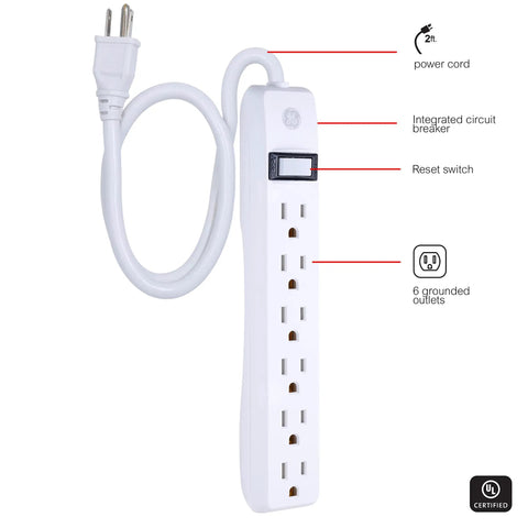 Close-up of six outlet power strip with 2ft cord, integrated circuit breaker, reset switch, UL certified, white.