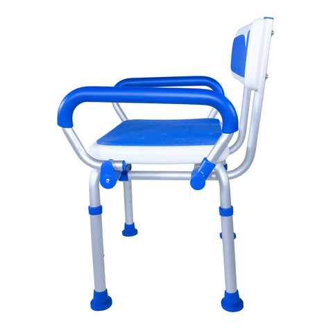 Side view of blue Shower Safety Chair With Backrest And Foam Padding, Adjustable Height Bath Bench With Swing Armrests, Slip Resistant Suction Tips For Elderly And Injured, Easy Lateral Transfers, Portable Medical Senior Support