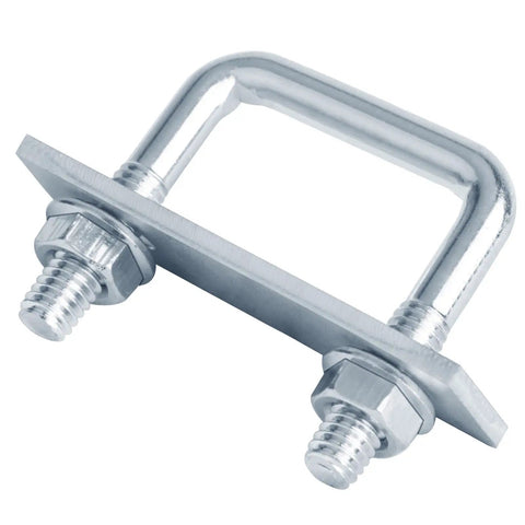Set Of Four 2 Inch Wide Square U Bolts With 1/2 Inch Threads And 2 Inch Length Electro Galvanized Steel Built Tough For Frames And Rails Low Carbon Steel 3/16 Inch Frame Plate displaying one bolt with nuts and plate